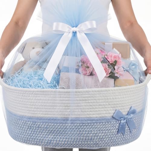 Colingmill Large Woven Gift Basket Empty 17”x13”x7.6” Jumbo Storage Basket with Gift Bag Ribbon and Tulle Gifts Card Paper Filler for Wedding DIY Baby Toy Baskets with Handles(Blue,Stripe) by Colingmill