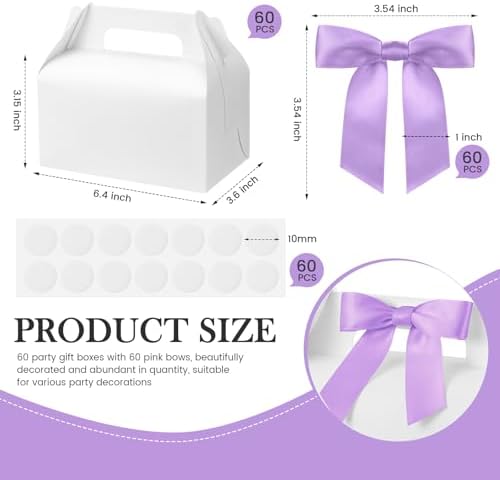 60 Pcs Bow Treat Boxes White Treat Gift Boxes with Satin Ribbon, Coquette Bow Themed Candy Box for Party Favor Snacks Cookie Wedding Birthday Bridal Baby Shower 6.4 x 3.6 x 3.2 Inches(Purple) - Image 2