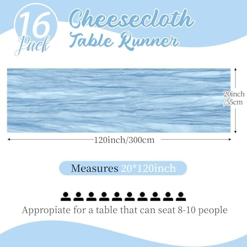 16 Pack Baby Blue Cheesecloth Table Runners 20x120 Inch Gauze Table Runner 10FT Easter Cheese Cloth Table Runner Rustic Sheer Runner for Wedding Baby Shower Birthday Party Table Decor - Image 2