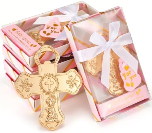 Wesiti 24 Pcs Pink Baptism Favors for Guests Praying Cross Bottle Openers Gender Reveal Boys Girls Souvenirs for Baptism Baby Shower Christening First Communion Party by Unteilti