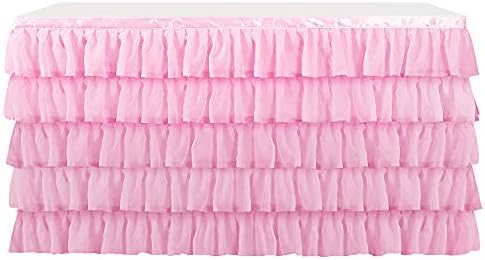 Mermaid Tulle Table Skirt for Rectangle or Round Table Tutu Chiffon Tablecloth for Birthday, Baby Shower, Wedding, Party Decoration (Pink, L 14ft, H 30in) - Image 4
