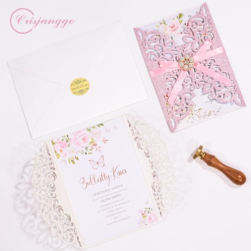 25 PCS Pink Personalized Glitter Laser Cut Wedding Invitation Pockets - Image 4