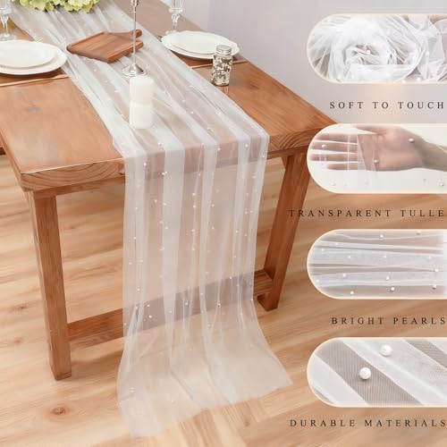 Set of 6 Pearl Table Runner 10ft, 29 * 120 Inch White Table Cloth Pearl Sheer Tulle Table Cover,Table Runner for Wedding Party Baby Shower Birthday Home Decor - Image 5