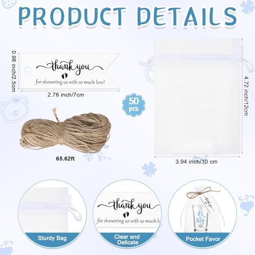 Pickmesh 50 Sets Baby Shower Gifts for Guest, Acrylic Shot Glasses with Thank You Tag Organza Bag Twine, Boy Girl Gender Reveal Party Favors for Guest Baby Shower Return Gift (it's a Boy, Blue) - Image 3