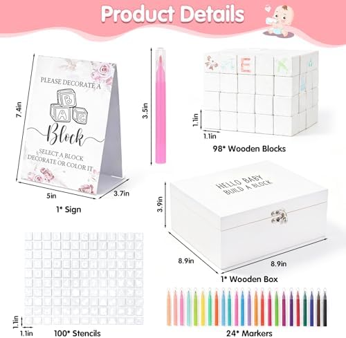 224 Pcs Baby Shower Blocks to Decorate Kit With 98 White Wooden Blocks, White Wooden Box, 24 Markers, 100 Pattern Templates, Sign, Complete Baby Shower Activity Kit for Gender Reveal Party Decorations - Image 2