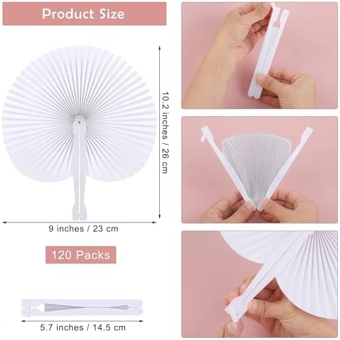 Aodaer 100 Pieces Wedding Paper Fans 9 Inch Folding Handheld Fans White Round Shaped Fans with Plastic Handle for Wedding Birthday Party Favors (Round) - Image 2
