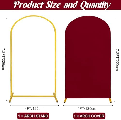Metal Arch Stand and Cover Set,1 Burgundy Spandex Fitted Backdrop with 1 Gold Wedding Arched Stand Frame for Parties Birthday Baby Shower Bridal Banquet Decoration (7.2FT) - Image 2