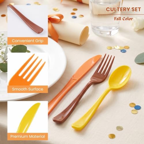 300Pcs Fall Color Plastic Silverware Set, Disposable Forks Spoons Knives - Image 5