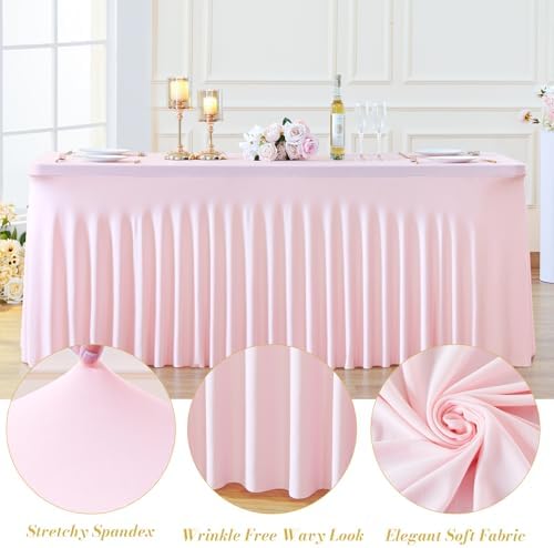 gogoparti 2 Pack Spandex Pink Fitted Table Cloth for 8ft Rectangle Tables Pink Stretch Tablecloth Table Covers Skirt Banquet Tablecloths Wrinkle Free Tablecloth for Parties Wedding - Image 6