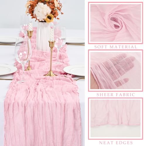 Light Pink 12 Pcs Cheesecloth Table Runner 10FT Runner for Tables Gauze Fabric 35 x 120 Inches Long Boho Table Runner Decoration Rustic Sheer Runner for Wedding Birthday Baby Shower Party (Light Pink) - Image 2