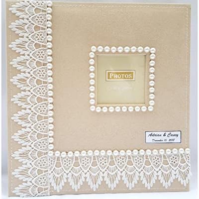 higher volume capacity XL magnetic page wedding album. 80 pages, 4x6, 5x7, 8x10, 8x12 photos, gift box. Fabric pearls and white lace wedding album, personalizable by Towdah+Perez