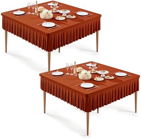 Wish Care 2 Pack Rust Spandex Tablecloths for 48x48 Inch Square Tables, Stretch Fitted Table Clothes with Pleated Ruffle Skirt for 48” Table, Wrinkle Free and Elastic, for Party Kitchen Home Dining by WishCare