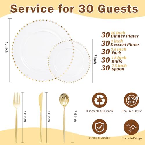 LIYH 150 Pcs Clear and Gold Plastic Plates - Elegant Disposable Gold Plastic Dinnerware set Include Dinner & Dessert Plates for Birthday Party Wedding 30 Guests - Image 2