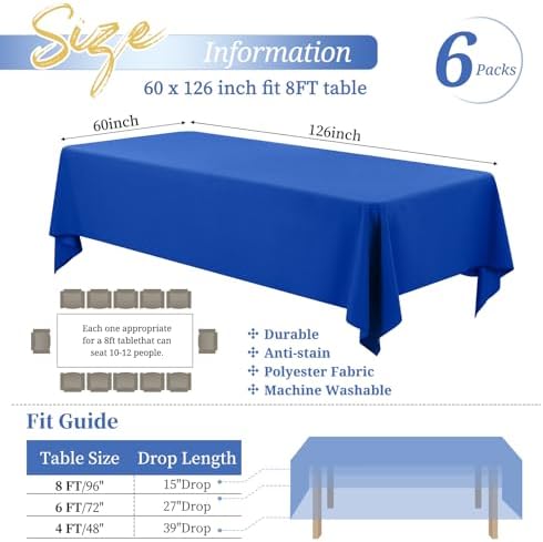 Showgeous 60x126 Inch Royal Blue Rectangle Tablecloth 6 Pack Fit 7FT Table - Image 2