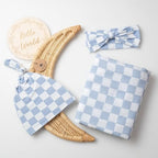 Miaoberry Checkered Muslin Swaddle Set, 100% Organic Cotton, Mist Blue,Checkerboard, Gender-Neutral, with Matching Bow, hat and Wooden Baby Arrival/Announcement Card - Image 2