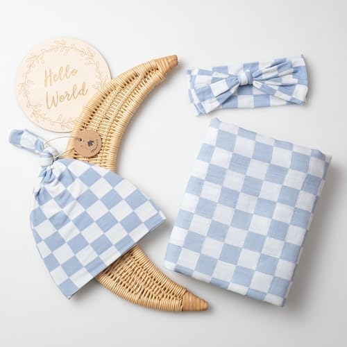 Miaoberry Checkered Muslin Swaddle Set, 100% Organic Cotton, Mist Blue,Checkerboard, Gender-Neutral, with Matching Bow, hat and Wooden Baby Arrival/Announcement Card - Image 2