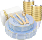 NOCCUR 175PCS Blue Plastic Plates with Gold Disposable Silverware - Include 50 Light Blue and Gold Plastic Plates,25 Knives,25 Forks,25 Spoons,25 Cups and 25 Napkins - Baby Shower/Party/Spring/Wedding by NOCCUR