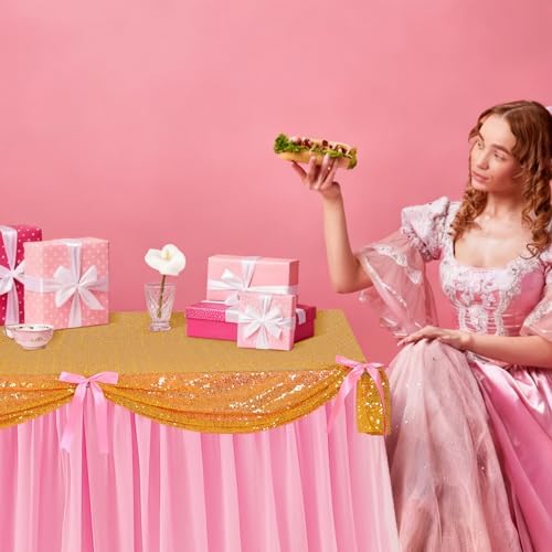 5 Pcs Pink Gold Table Skirt Set for Princess Birthday Party 30 x 108 in - Image 6