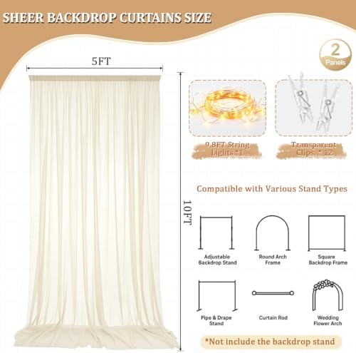 Gallety Ivory Tulle Backdrop Curtain with String Lights, 10x8ft Sheer Ivory Backdrop Curtain for Photography, Wedding, Bridal Shower, Baby Shower, Birthday, Anniversary, Banquet Decorations - Image 2