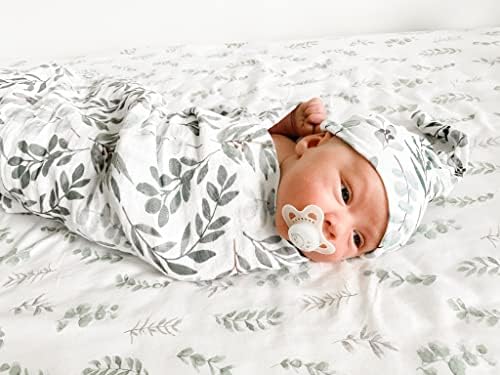 Miaoberry Organic Muslin Swaddle Blankets with Matching Hat and Wooden Hello World Newborn Sign | Eucalyptus Newborn Photography Props | Birth Announcement Sign - Image 2