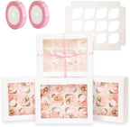 qiqee Auto-pop Up Cupcake Boxes with Window White 40PCS 12 Count Cupcake Box 13"x10"x3.5" Cupcakes Carrier, 12 Cupcake Containers with 2 rolls of pink ribbons by Qiqee