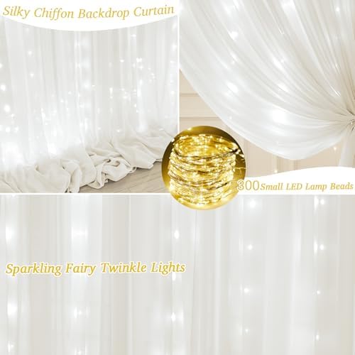 20x10ft Cream White Chiffon Backdrop Curtain with Lights String for Wedding Sheer Tulle Curtain Photo Backdrops Drapes for Baby Shower Birthday Party Ceremony Decorations - Image 7