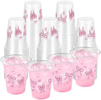 100 Pcs Pink Bow Plastic Cups, 12 oz Cute Bow Drinking Cups Pink Bow Clear Disposable Plastic Cups for Bridal Shower Wedding Birthday Party Supplies by ZCPTZ