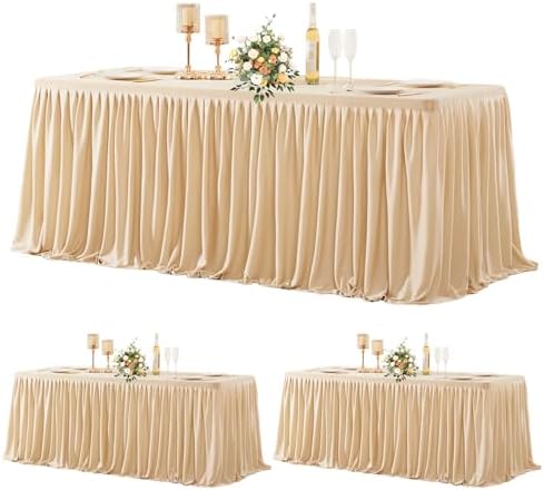 3 Pack Deep Champagne Polyester Table Clothes for 6 Foot Rectangle Tables, Wrinkle Free Fitted Table Cover with Pleated Ruffle Table Skirt for Party Baby Shower Wedding Birthday Event Display by WishCare