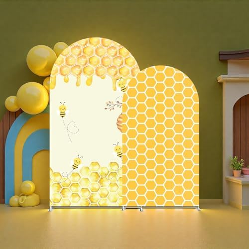2PCS Bee and Honeycomb Arch Backdrop Covers, Yellow Stretch Fabric for Baby Shower and Birthday Party Decorations, Fits (7.2ft,6ft) - Image 3