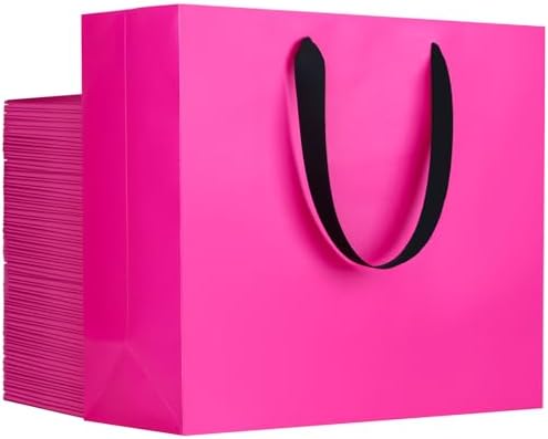 EUSOAR Hot Pink Gift Bags, 50pcs 12.5"x4.5"x11" Paper Gift Bags with Ribbon Handle, Gift Wrap Treat Thank You Bags Bulk for Wedding Party Favors Grocery Baby Shower Bridesmaid Birthday by EUSOAR