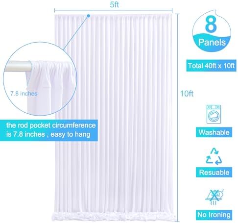 8 Panels White Backdrop Curtain for Parties Wedding Wrinkle Free 40ft x 10ft Backdrop Drapes for Baby Shower Gender Reveal Birthday Photo Photography Polyester Fabric Background Decoration - Image 4