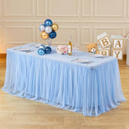 4 Pack Baby Blue Tablecloths for 8 Foot Rectangle Tables Ruffle Tulle Tablecloth Light Blue Table Cloth Rectangle 8ft Spandex Table Cover for Baby Shower Boy Birthday Party Banquet Table Skirt - Image 3