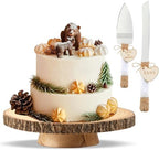 11.5"-12.5" Wood Cake Stand with Cake Cutting Set (Knife and Server) - Rustic Wooden Cake Holder for Decorating, Party, Wedding, Baby Showers, Reception, Event - Ideal Baking Gift & Home Decor by YICMY