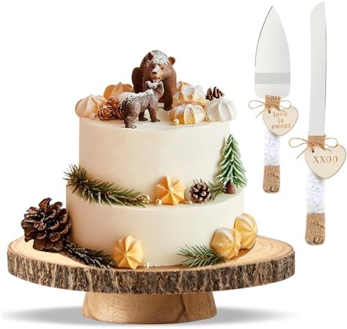 11.5"-12.5" Wood Cake Stand with Cake Cutting Set (Knife and Server) - Rustic Wooden Cake Holder for Decorating, Party, Wedding, Baby Showers, Reception, Event - Ideal Baking Gift & Home Decor by YICMY