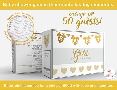 Party Hearty Baby Shower 5 Game Pack, Premium Thick Cardstock - Gold - Image 5
