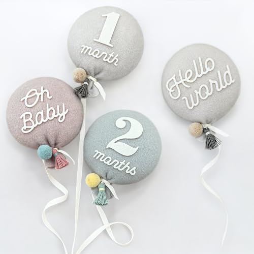 Balloon Baby Monthly Milestone Marker Signs, Photo Prop for Photoshoot | Stuffed Plush Balloon, Tassel, Pompom | Birth Announcement, Gender Neutral Baby Shower, Newborn Gift Set (Sand Beige) by BYMARUE