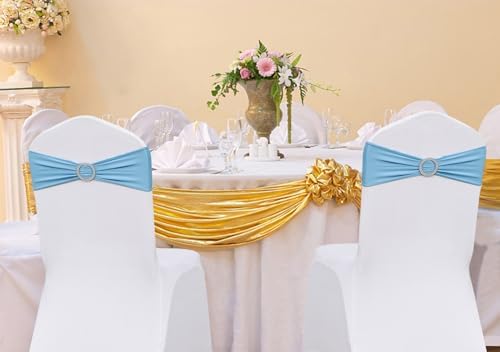 50 Pack Spandex Baby Blue Chair Sashes Bows Stretch Elastic Light Blue Chairs Bands with Buckles Ties for Party Celebration Ceremony Events Wedding Decorations - Image 2