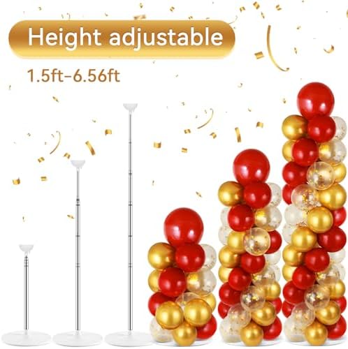 2 Sets Red Gold Balloon Column Stand Kit with 100 Balloons Adjustable Balloon Tower Stand with Bases for Floor Red Gold Confetti Balloon Column Kit for Back to School Birthday Wedding Party Decor - Image 4