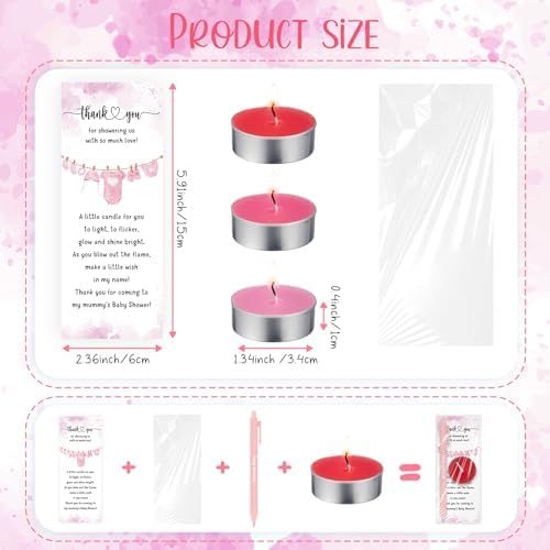 Spakon 60 Sets Baby Shower Favors for Guests Include Unscented Tealight Candles Multicolor Ballpoint Pen Thank You Card OPP Bags Gender Reveal Gifts for Baby Shower Game Prizes (Pink,Girl) - Image 3