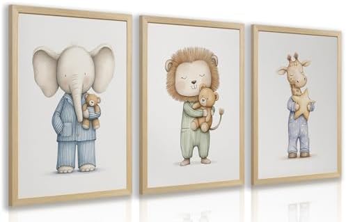 PORENY Baby Animal Nursery Wall Art Set of 3, Elephant Lion Giraffe Canvas Prints, Cute Safari Animals Wall Decor, Woodland Nursery Artwork for Bedroom Kids Room Playroom Wood Framed 16x24 Inch by Unknown
