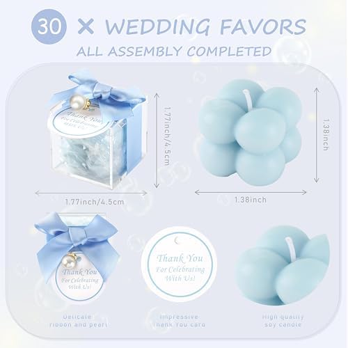 ACITHGL 30 Sets Fully Assembled Small Bubble Candle Party Favors for Guests Bulk Bridal Showers Favors Candles with Stylish Ribbons Thank You Cards Gifts (Blue) - Image 2