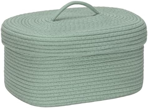 Sea Team Oval Storage Basket, Woven Cotton Rope Basket with Lid, Green by SeaTeam