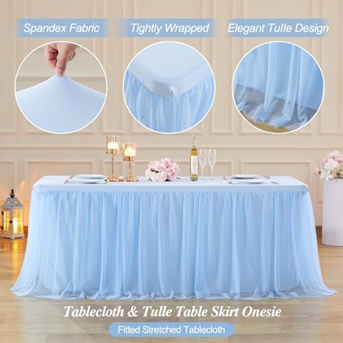 4 Pack Baby Blue Tablecloth for 6 Foot Rectangle Tables Tulle Table Skirt - Image 5