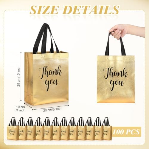 Fumete 100 Pcs Gold Glossy Thank You Gift Bag with Handles - Image 2