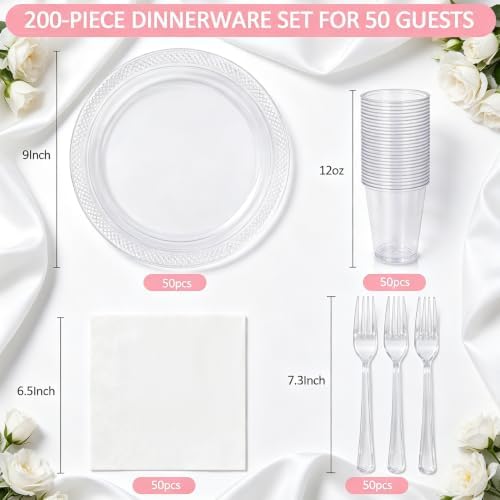 200pcs Clear Plastic Plates and Napkins Party Supplies for Birthday,Wedding - Image 2