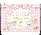 One Silly Goose Baby Shower Backdrop Pink Plaid Floral Funny Silly Goose Decorations for Girl First Birthday Photography Background Banner Photo Booth Props 8x6ft - Image 2