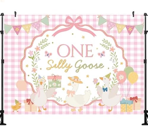 One Silly Goose Baby Shower Backdrop Pink Plaid Floral Funny Silly Goose Decorations for Girl First Birthday Photography Background Banner Photo Booth Props 8x6ft - Image 2