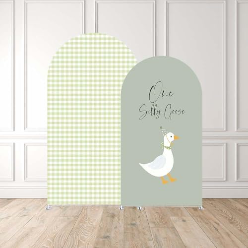 Set of 2 Arch Backdrop Covers One Silly Goose Baby Shower 2PCS Spandex Arch Stand Cover Plaids Girl Birthday Easter Party Banquets Decorations (7.2FT & 6FT,Green) - Image 2