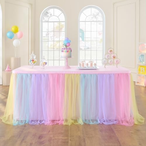 108in Rainbow Tulle Table Skirts for Rectangle Tables 6/8/4ft, 2-Layer Pastel Color Unicorn Ruffle Tulle Tutu Cloth Table Skirt 9ft for Girl Birthday Party Baby Shower Cake Dessert(No Table Cover) by ENJOYYOURPARTY