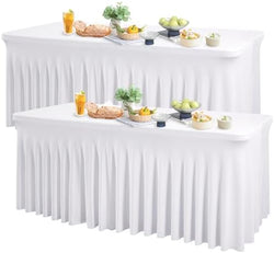Wish Care 2 Pack White Spandex Table Clothes for 4 Foot Rectangle Tables, 4FT Wrinkle Free Fitted Tablecloths Ruffles Design Table Cover for Party, Banquet, Wedding and Events by WishCare